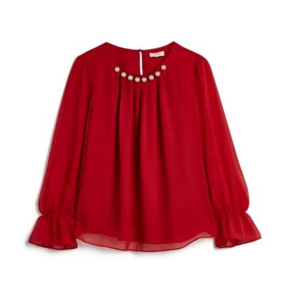 LAURA (petites): Pearl Detail Smocked Sleeve Blouse - ruby red - Picture 4 of 8